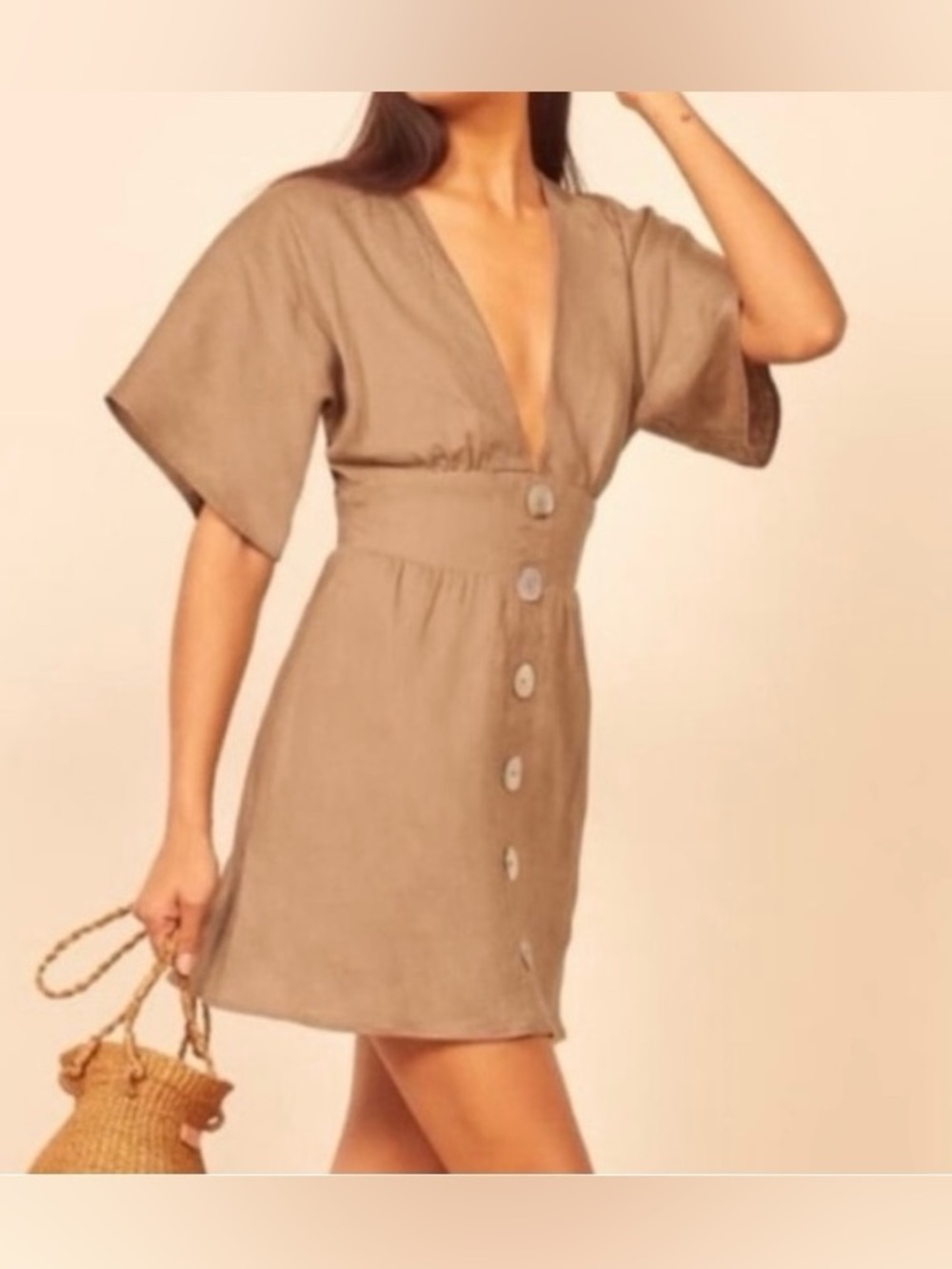 REFORMATION LINEN TY KHAKI DRESS